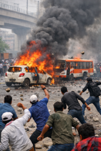 नोएडा में वेतन वृद्धि की मांग को लेकर भारी बवाल, गाड़ियों में आग और पथराव